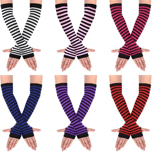 fingerless glove thigh high striped arm warmer goth black green women long red stripe knit blue warmer set punk gothic rock thumb hole stretchy glove - 