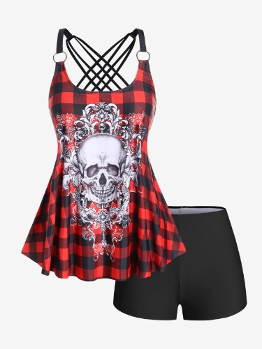 Gothic Skull Plaid Padded Boyleg Strappy Tankini Set | Red / 3X | US 22-24