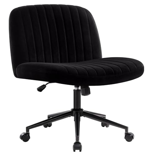 IWMH Armless Wide Seat Office Chair, Criss Cross Legged Desk Chair with Wheels, Height Adjustable Computer Task Chair,Wide Seat Swivel Vanity Chair for Home,Office,Bedroom, Make Up, Small Space,Black - Black With Wheels