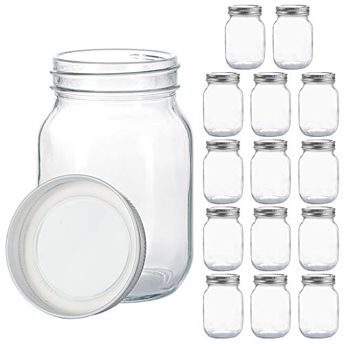 YINGERHUAN Glass Regular Mouth Mason Jars, 16 oz Clear Glass Jars with Silver Metal Lids for Sealing, Canning Jars for Food Storage, Overnight Oats, Dry Food, Snacks, Candies, DIY Projects (15PACK) - 500.0 ounces - 15