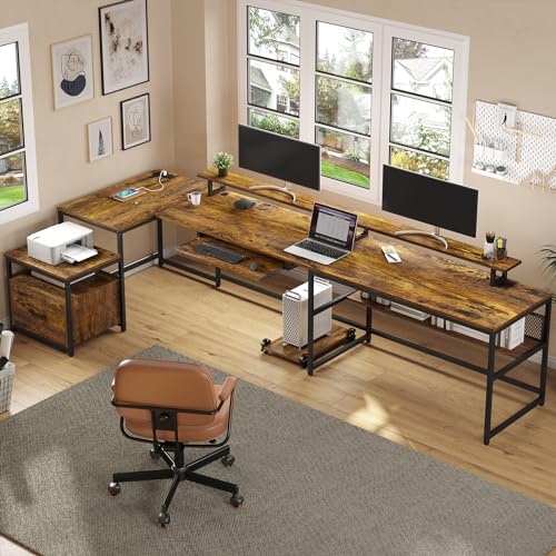 SEDETA U Shaped Desk, Reversible L Shaped Home Office Desk with File Drawer & Power Outlet, 101.5'' Computer Two Person Desk with Monitor Shelf, Keyboard Tray, Gaming Desk, Rustic Brown - Rustic Brown With File Drawer