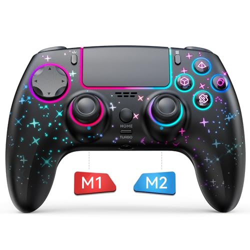 Snezhnaya Wireless Controller for PS4, LED Star Controller Compatible with PS4/Slim/Pro/PC/IOS/Android/Switch,9 Colors RGB Light,Programmabele/Turbo/Wakeup/Motion Sensor