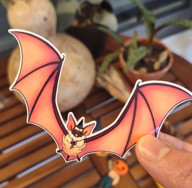 Spooky Cute Bat Witch Vinyl Sticker | Gifts for Witches |Halloween Decal | Little brown bat art | Goth decor | creepy cute cottagecore