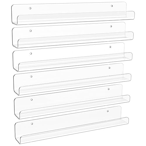 upsimples 6 Pack Clear Acrylic Shelves, 12" Nursery Book Shelves for Wall, Floating Bookshelf for Kids Baby, Vinyl Display, Record Holder, Magazine Rack, Picture Ledge Shelf - 6