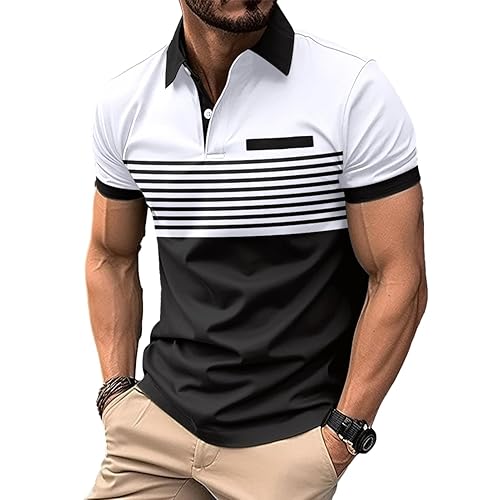 Mens Fashion Color Block Polo Shirts Casual Short Sleeve T Shirt Striped Moisture Wicking Golf Shirts Tops - Medium - White