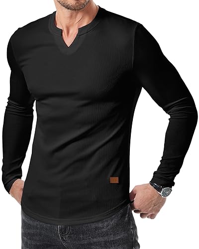 JMIERR Mens Long Sleeve Muscle T Shirts Casual V-Neck Longline Ribbed Tee Shirts - Large - 01 Black