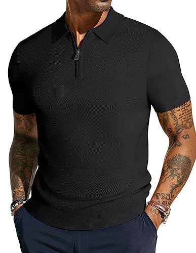 PJ PAUL JONES Men's Zipper Polo Shirt Textured Casual Knit Short Sleeve Polo T Shirt - Black - Medium