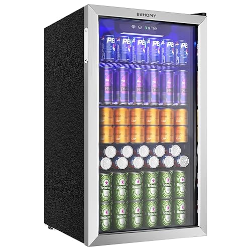 EUHOMY Beverage Refrigerator and Cooler, 126 Can Mini fridge with Glass Door, Small Refrigerator with Adjustable Shelves for Soda Beer or Wine, Perfect for Home/Bar/Office, Silver - Silver - 3.1 CUFT