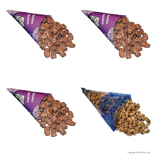The Nutty Bavarian Cinnamon Glazed Roasted Pecans (3 cones) and Lightly Salted Cashews (1 cone) in a 4 Cone Pack (Pecan/S-Cashew Pack) - Pecan Pack - 4 Piece Assortment