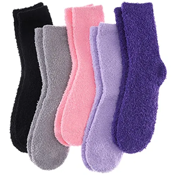 LINEMIN Womens Fuzzy Socks Cozy Fluffy Winter Warm Slipper Socks Microfiber Soft Home Sleeping Socks - One Size - 5 Pack Soild Color G
