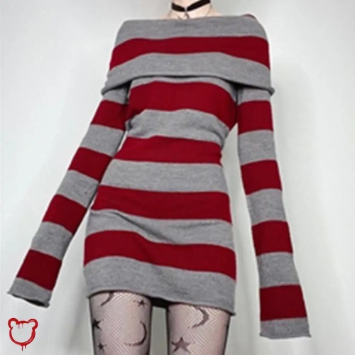 Embers' Sweater Dress: Black/Grey & Red/Grey - Red / L