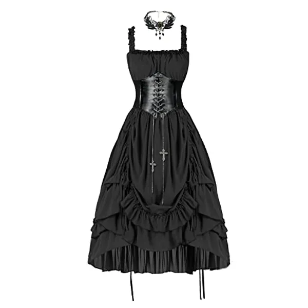 Women's Steampunk Victoria Cosplay Dress Solid Color Suspender Long Dress - Lyq0015bks - Medium