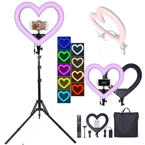 XIAOKUKU Hjärtformad ringlampa 43 cm med stativ och telefonhållare LED 8 färger RGB selfie-ringlampa med USB-utgång Kawaii-belysning 360° roterande live-lampa för fotografering video