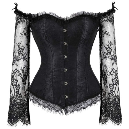 Corsets for Women Princess Renaissance Corset Lace Ruched Sleeves Elegant Overbust - Large Black