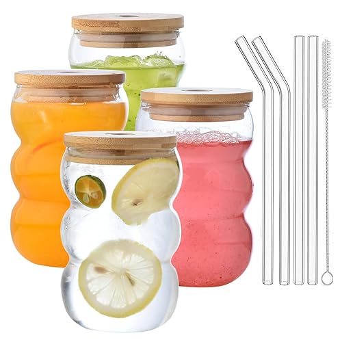 VITEVER Latte Macchiato Gläser Set, 4 Eiskaffee Gläser mit Deckel, Spülmaschinenfest, Bubble Gläser 550 ml, Longdrinkgläser, Cocktailgläser, kostenlose Bürste und Strohhalm - Clear mit Deckel-550ml