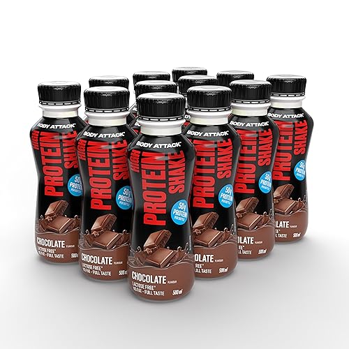 Body Attack High Protein Shake - Chocolate, 12 x 500 ml, je 50 g Protein - kalorienarmer Protein Shake für Muskelaufbau - Fertigdrink mit Milcheiweiß für to go, inkl. Pfand - Made in Germany - Schokolade - 6 l (1er Pack)