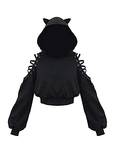 SANSIWU Women's Hoodie Long Sleeve Cute Ear Cat Off Shoulder Cropped Top Gothic Off Shoulder Lace Up Oversized Pullover Sweatshirt - M - A-black