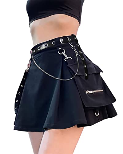 DINGJIUYAN Punk Cross Print Dark Mini Skirts Chain Belt Black Uniform Pleated Skirt - M - Zz-black+blet