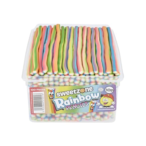 Sweetzone Rainbow Pencils, Retro Sweets Tub, Candy Sticks, 100 pcs, Halal Sweets, Sweets Bulk, Sweet Cart, Gummy Sweets, American Candy, UK British Sweets for Sweet Enthusiasts - Rainbow