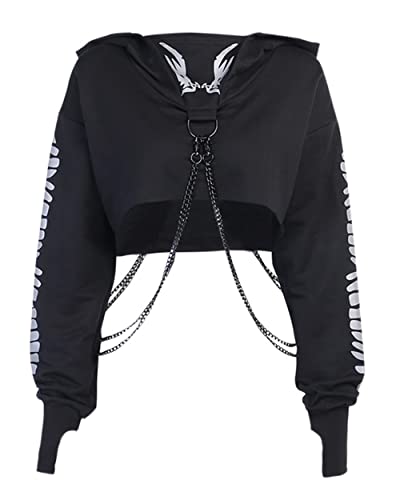 Y2K Gothic Hoodies Hooded Long Sleeve Eyelet Suspenders Solid Black Crop Sweatshirt for Women - L - 04-black