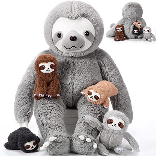 Kasyat 5 Pcs Sloth Plush Toy Set 1 Mommy Sloth Stuffed Animal with 4 Cute Plush Babies in Her Belly 13 Inch Soft Cuddly Nurturing Sloth Plushie for Sleeping Birthday Gifts Party Favors (Gray) - Gray