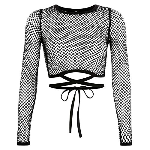 XGOPTS Women Fishnet Tops - Sexy Slim Fit Long Sleeve Mesh Sheer Shirt - See Through Transparent Blouse T-Shirt - Crop Casual Clubwear… - M - Black