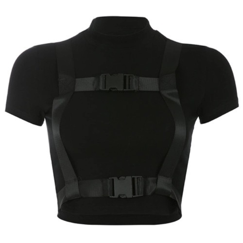 Julo Noir Gothic Sexy Femmes Basic Tshirt Court Sleeve Techwear Tee Tee Shirt Femme Summer Crop Tops avec Ruban Boucle