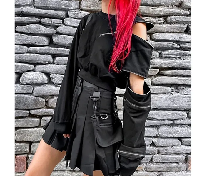 Pull sweat noir avec zip Streetwear Punk manches longues Gothic femme Harajuku sweatshirt fermeture éclair Grunge top court Goth col rond