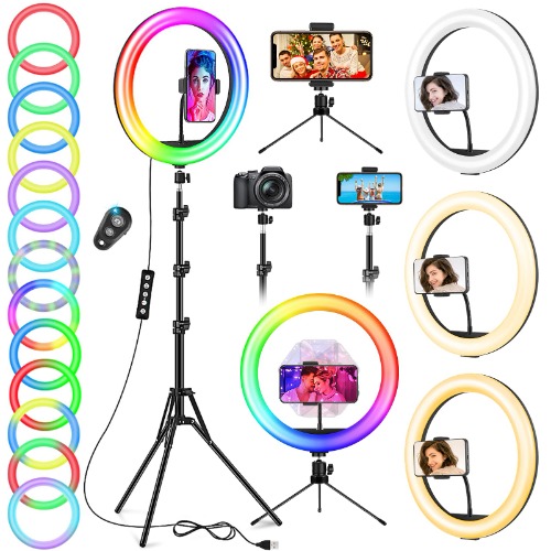 12.6'' Ring Light avec Trépied Grand Totale 1m88/74'', Selfie Anneau Lumineux avec 40 RVB Mode 13 Niveaux pour Tiktok/Youtube/Live Stream/Maquillage, LED Lampe Photo Anneau Lumière avec Télécommande