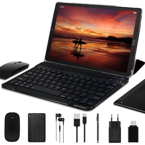 GOODTEL Tablet 10 Pulgadas 4GB RAM + 64GB ROM, Android 11 Google GMS, WiFi, Bluetooth, OTG, Batería 8000mAh, Dual Cámara 5MP + 8MP, SD Slot 4-256GB, con Funda, Teclado y Ratón, Negro