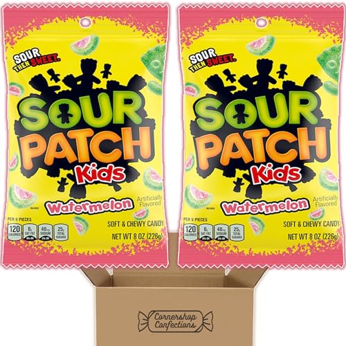 Sour Patch Kids Watermelon Flavored Candy Bundle Pack - 2 Large Individually Sealed 8 oz Peg Bags of Watermelon Sour Patch Kids for Lunch Boxes, Road Trips, Flights In Cornershop Confections Packaging - Watermelon - 2-Pack