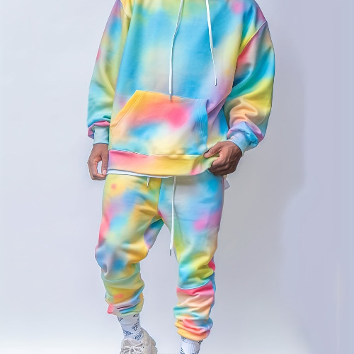 Plus Size Men's Casual 2Pcs Outfits, Colorful Hooded Sweatshirt &amp; Sweatpants Set For Fall Winter, Men's Clothing