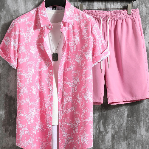 Tropikalny kwiatowy nadruk, męskie stroje 2-częściowe, swobodny kołnierzyk obozowy z klapami zapinany na guziki koszule z krótkim rękawem hawajska koszula i zestaw szortów ze sznurkiem na lato, odzież męska