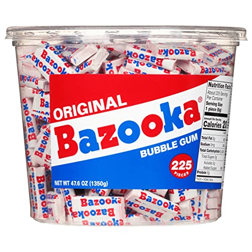 Bazooka Bubble Gum Individually Wrapped Pink Chewing Gum in Original Flavor - 225 Count Bulk Bubble Gum Tub - Fun Old Fashioned Candy for Kids - Original Bubble Gum