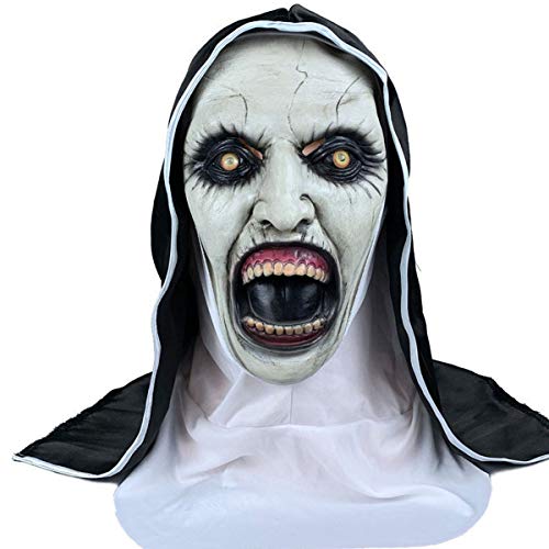The Nun Scary Mask Conjuring Costume Horror Nun Mask with Scarf Adult Woman Creepy Horror Costumes Halloween Party Props - Open Mouth