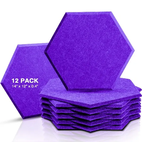Sonic Acoustics 12 Pack Hexagon Acoustic Panels, 14" X 12" X 0.4" High Density Sound Absorbing Panels Sound Proof Insulation Beveled Edge Studio Treatment Tiles (Purple) - Purple