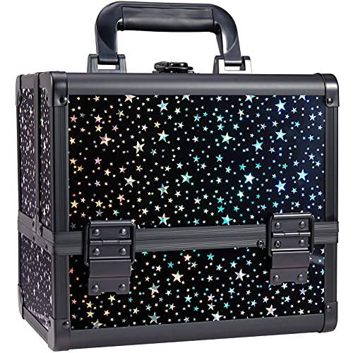 Joligrace Makeup Train Case Cosmetic Organizer Box Lockable 3-Tier Trays with Mirror and a Brush Holder - Holographic Iridescent Star - Starry