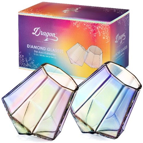 Dragon Glassware Whiskey Glasses, Iridescent Diamond Shaped Cocktail Barware, Unique Drinkware for Wine and Bourbon, Naturally Aerates, 10 oz, Set of 2 - 2 Count (Pack of 1) Iridescent