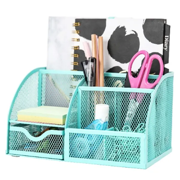 Exerz Mesh Desk Organizer Office with 7 Compartments + Drawer /Desk Tidy Candy /Pen Holder/Multifunctional Organizer - Turquoise
