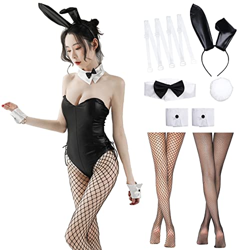 Alaiyaky Bunny Girl Senpai Cosplay for Women, 12Pcs Bunny Maid Outfit Cute Bunny Maid Dress, Bunny Bodysuit with Bunny Ears & Fishnet Socks, Bunny Girl Outfit for Halloween Christmas Cosplay Parties - 3XL - Black