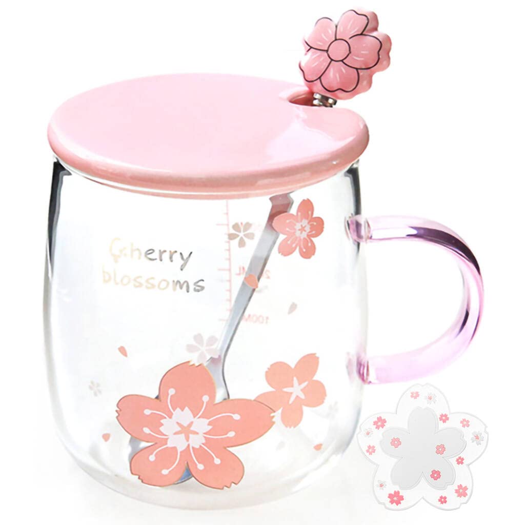 ZRAGEK Sakura Mug Creative Sakura Cup Coaster, Office Drinking Cup with Scale, Cute Heat Resistant Glass Mug with Lid Spoon, 17.6 oz Large Capacity(Big flower,17.6Oz)