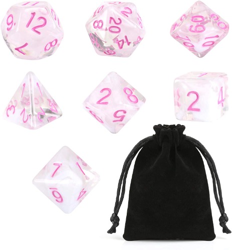 GWHOLE 7 PCS Polyhedral Dice Set Dungeons and Dragons Table Game Dice for D&D, DND, GRP with Black Pouch, Crystal Pink & White - Crystal Pink