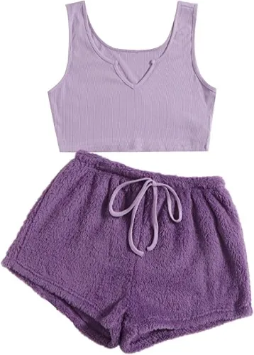Verdusa Women's Notched Tank Top & Tie Front Teddy Shorts Lounge Pajama Set Purple S at Amazon Women’s Clothing store