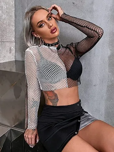SheIn Women's Color Block Long Sleeve Blouses Crewneck Sheer Mesh Crop Tops Black White S at Amazon Women’s Clothing store