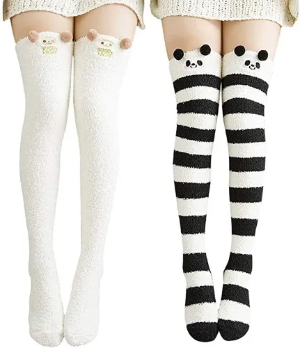 Wander G Womens Over Knee High Fuzzy Socks Cute Cartoon Thigh High Stockings Warm Stripe Leg Warmers at Amazon Women’s Clothing store