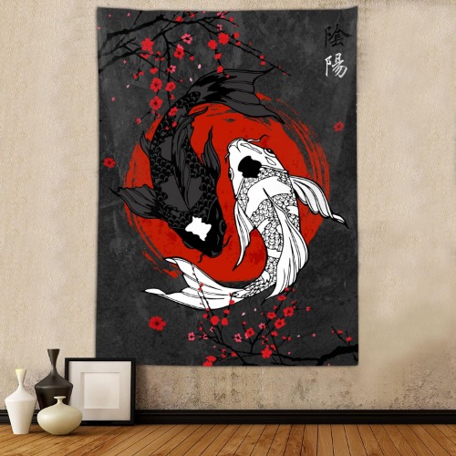 Japanese Yin Yang Koi Fish Tapestry, Cool Red and Black Anime Sakura Art Tapestries Vertical Wall Hanging for Bedroom Living Room Office Decor 40X60, Asian Cherry Blossoms Poster Blanket - 60X40 - Black