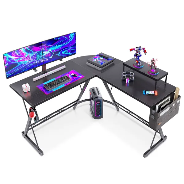 L Shaped Gaming Desk, Home Office Desk with Round Corner, Computer Desk with Large Monitor Stand Desk Workstation - Black 51 inches