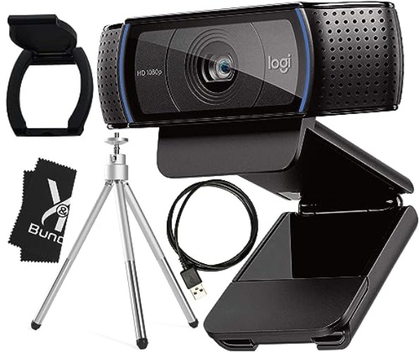 Logitech Webcam C920 HD Pro Bundle with Tripod, Privacy Shutter & Cleaning Cloth - Privacy Cover Computer Webcam Microphone - 1080p Streaming Wide Angle Video Camera - 1080P Desktop Web Camera