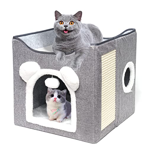 Large Cat Bed Foldable Cat Bed Cat Beds for Indoor Cats with Cat Scratch Pad and Fluffy Ball Hanging Mini Hole Cat Condo - Grey