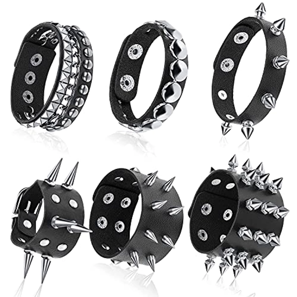 Hicarer 6 Pieces Punk Studded Bracelet Rivets Bracelet Leather Rivets Bracelet Cuff for Men Women